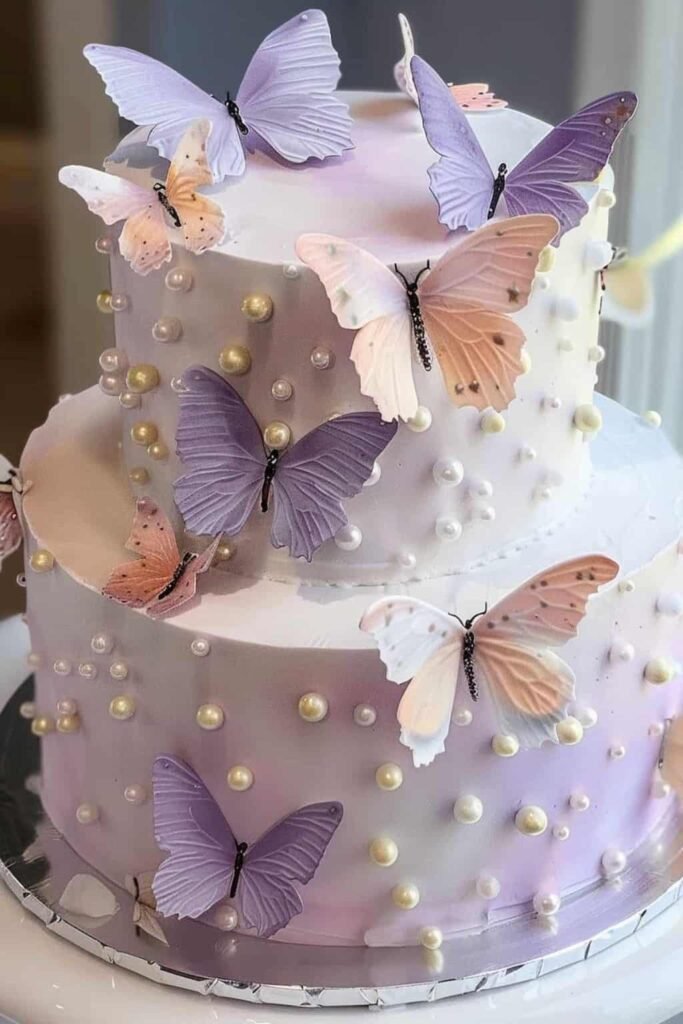 Birthday butterfly cake with rainbow butterflies and floral buttercream piping