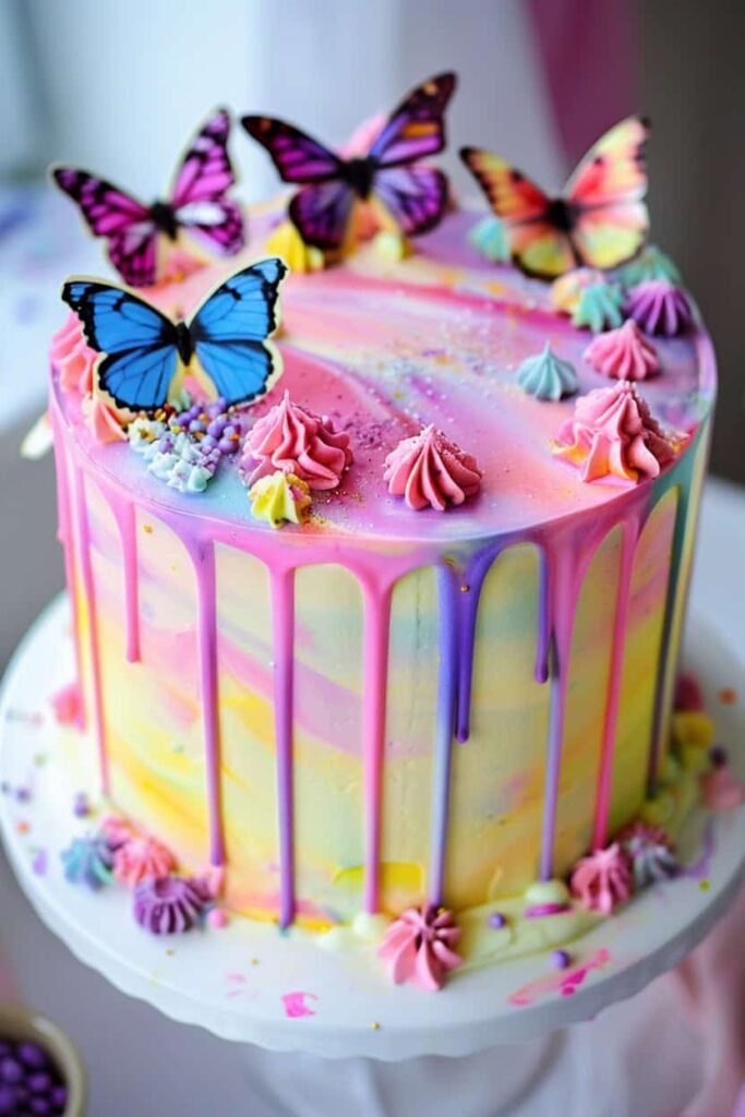 Purple butterfly cake design with textured buttercream and edible glitter wings