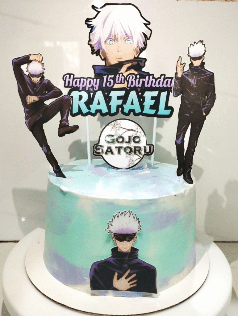 Cute anime cake with chibi characters and pastel buttercream for birthday celebration