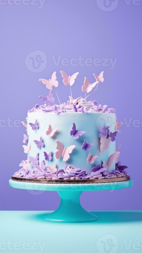 Spring butterfly cake design with lemon-yellow buttercream and pink butterfly toppers