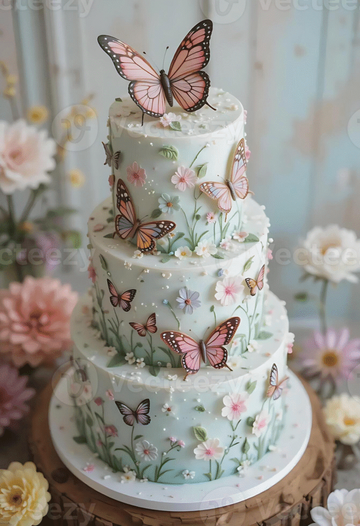 Minimalist white butterfly cake with 3D fondant butterflies and pearl accents
