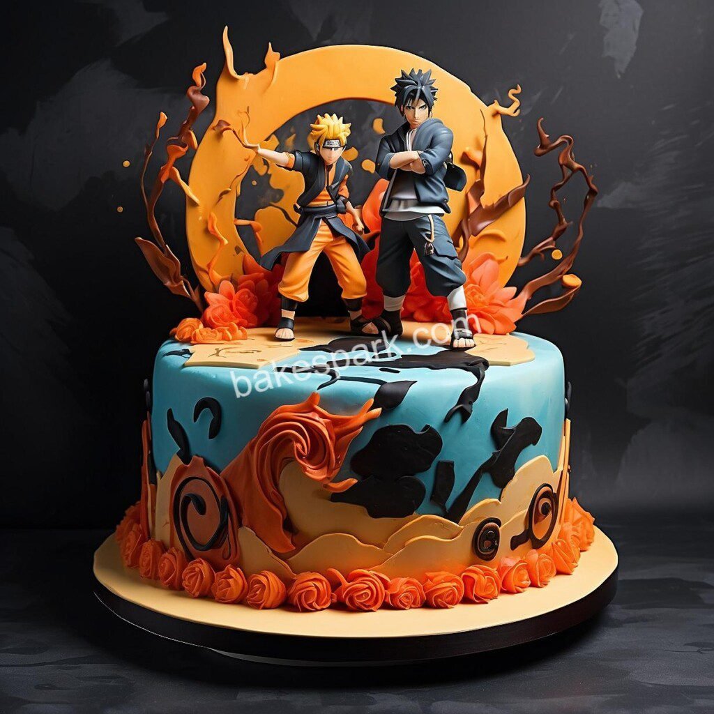 Naruto chakra flame anime cakes for boys with orange red ombré and Rasengan topper