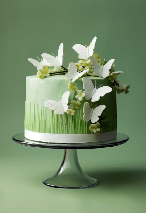 A cake adorned with green frosting, white butterflies, and flowers sits on a glass cake stand. The decorations are made with cake decorating supplies and resemble terrestrial plants and petals