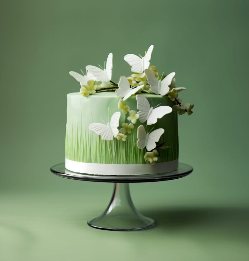 A cake adorned with green frosting, white butterflies, and flowers sits on a glass cake stand. The decorations are made with cake decorating supplies and resemble terrestrial plants and petals