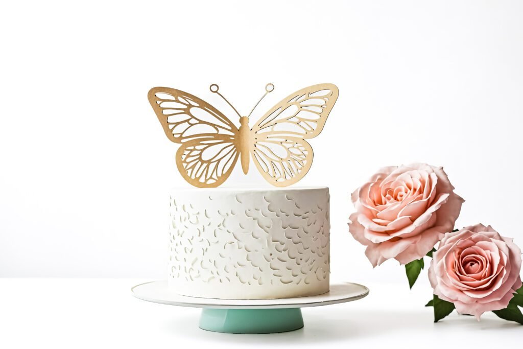 White Cake with Wooden Butterfly Topper and Pink Roses