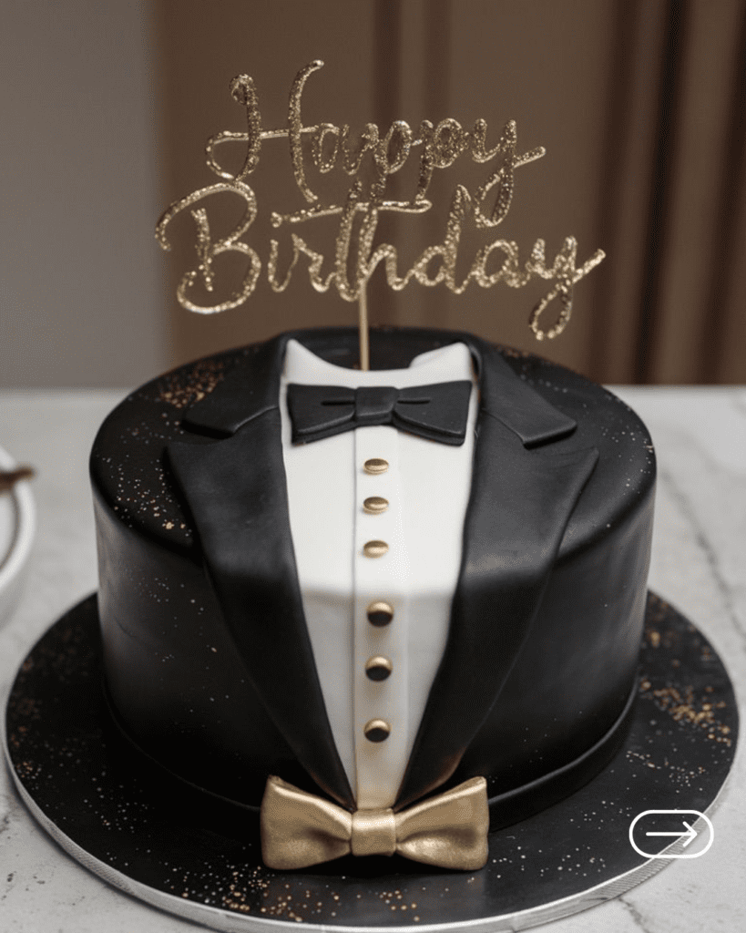 Black and white tuxedo cake with elegant fondant bow tie design