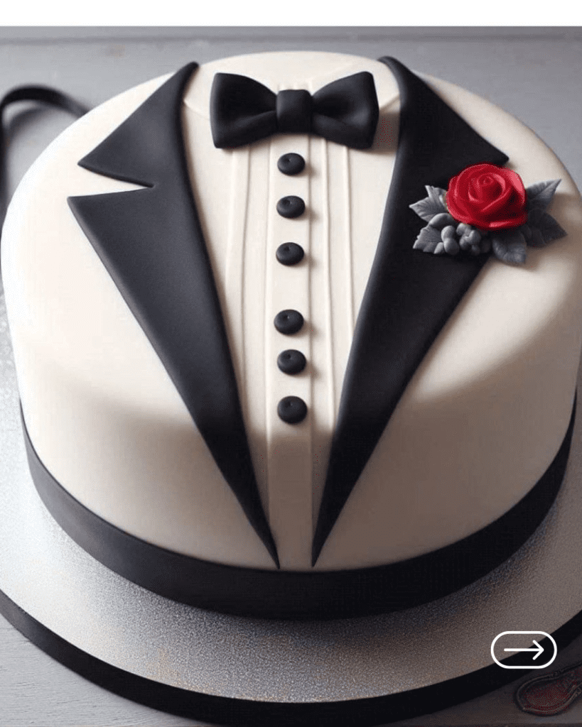 Luxury black and white tuxedo cake for birthday celebration