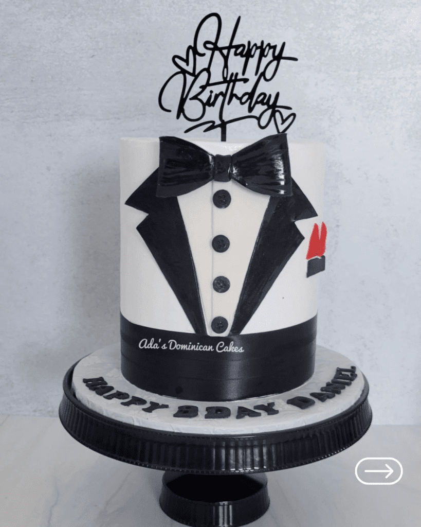 Classic black and white tuxedo cake inspired by formal attire