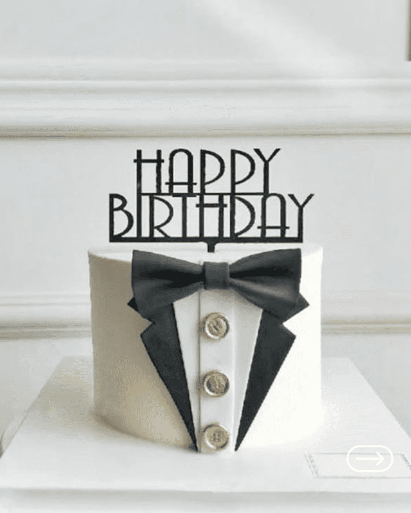 Modern black and white tuxedo cake for corporate events