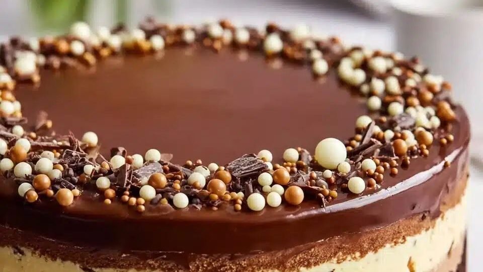 elegant tuxedo cake with dark and white chocolate layers