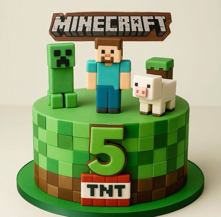 Minecraft pickaxe simple Minecraft cake design on a blue-frosted sheet cake with grey and teal pixels.