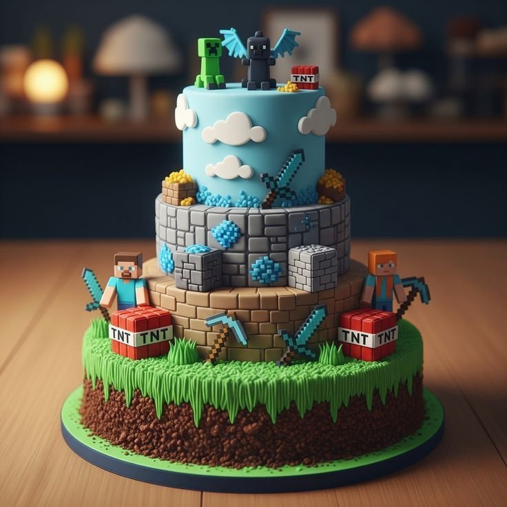 Cake Design for Boys Birthday Cake Ideas Parents Love 45 Pull-apart cupcake simple Minecraft cake design arranged as a Minecraft world with grass, dirt, stone, and water colors.