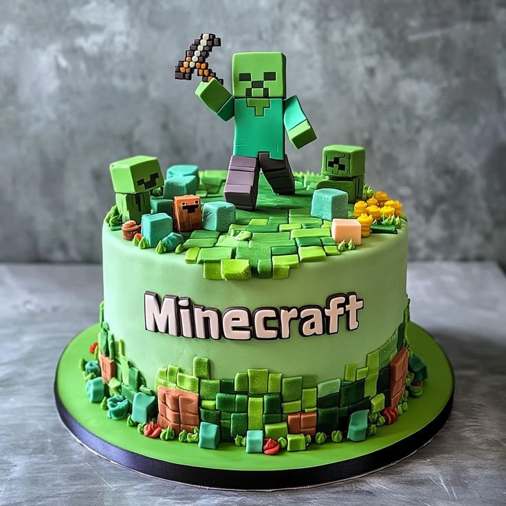 Cake Design for Boys Birthday Cake Ideas Parents Love 42 Green Creeper face simple Minecraft cake design featuring pixel-style black eyes and mouth.