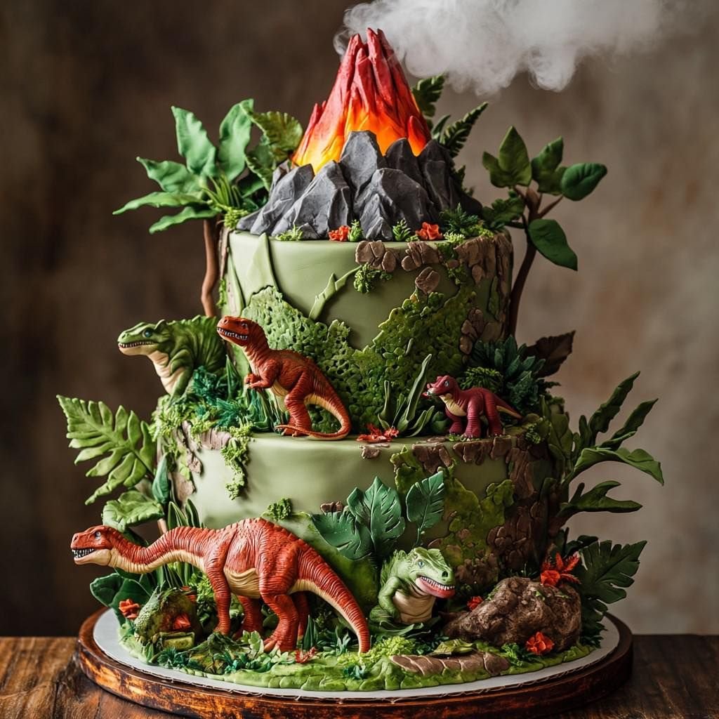 realistic Jurassic Park birthday cake with jungle details – dinosaur cake design ideas
