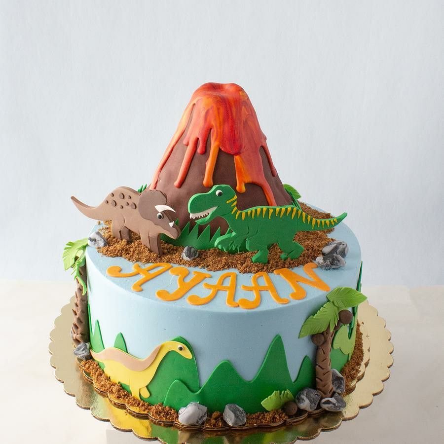 erupting volcano theme dinosaur cake design ideas