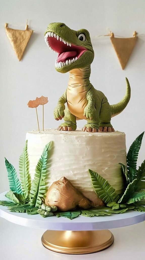 dinosaur cake design ideas showing 3D T-Rex Jurassic Park theme cake