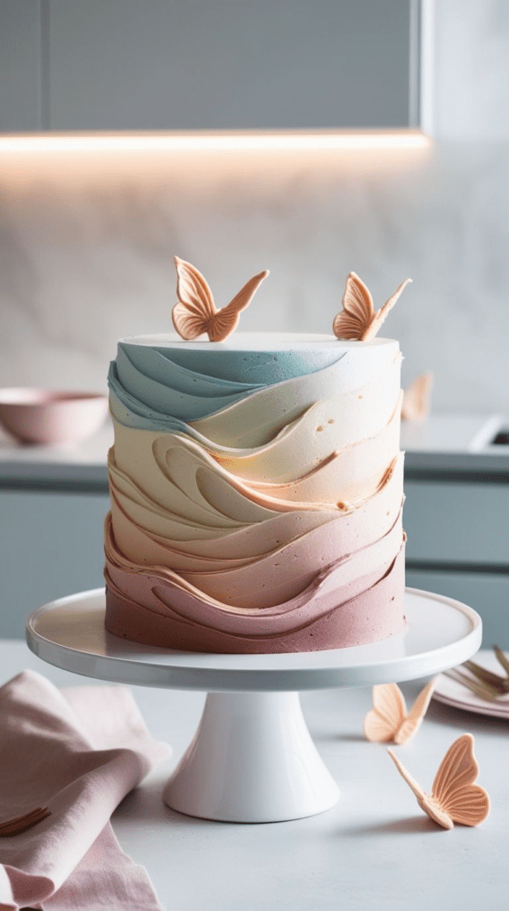 Plain frosted cake with delicate butterfly detail