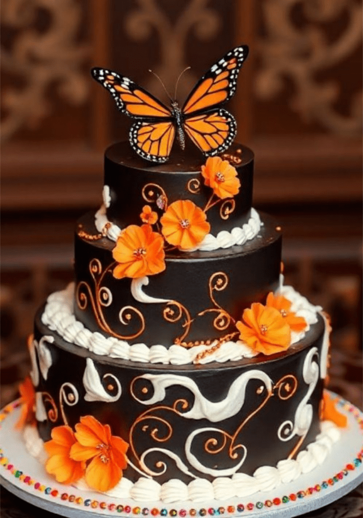 Whimsical cake with colorful fantasy butterflies and magical decorations