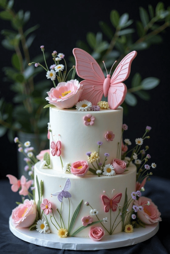 Elegant cake featuring sculptural 3D butterflies positioned as if in flight across the surface