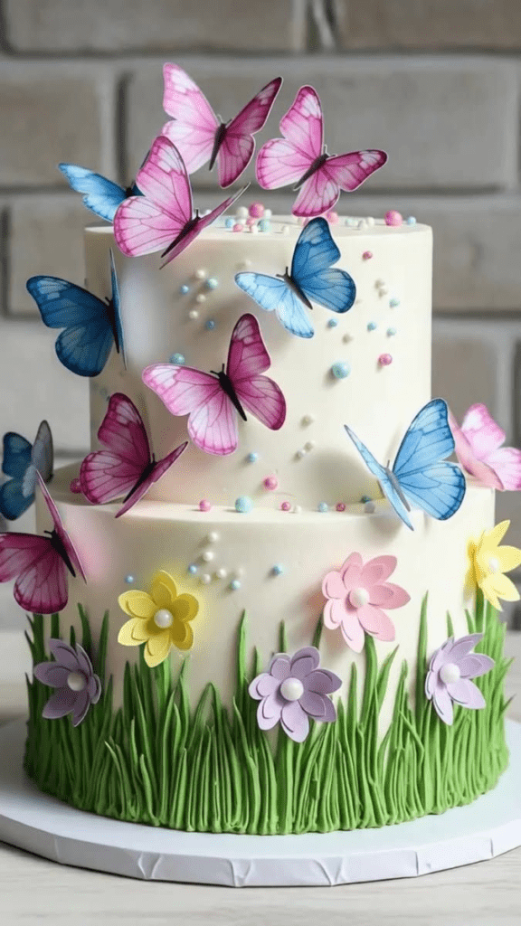 Elegant cake featuring sculptural 3D butterflies positioned as if in flight across the surface